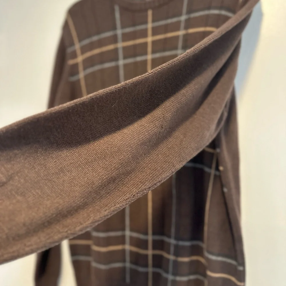 VTG 90s Oscar de la Renta Brown Grandpacore Plaid Pullover Crew Neck Sweater.